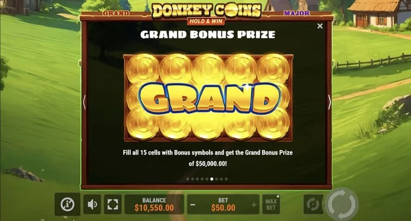 Donkey Coins Hold & Win - schermata con i Jackpot Mini, Minor, Major, Grand